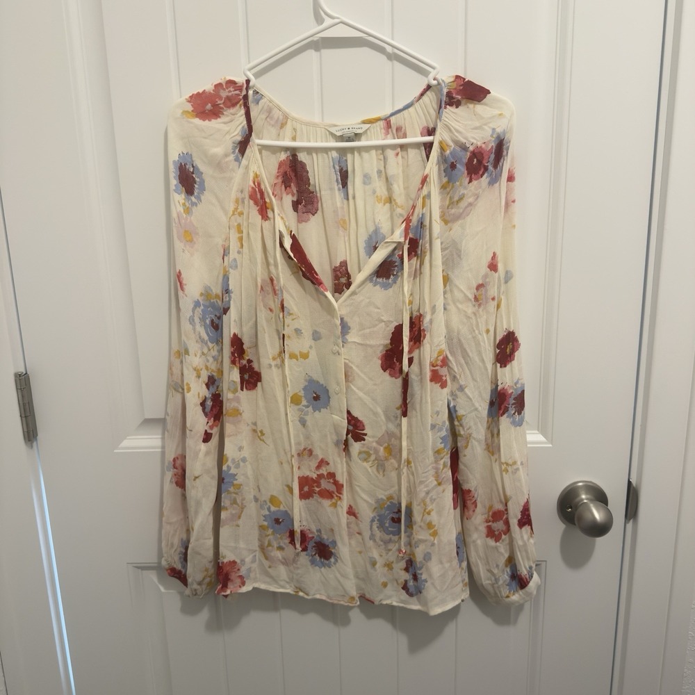 Lucky Brand Women's Red/Pink/Blue Floral Button Up Blouse Front Tassels Size M